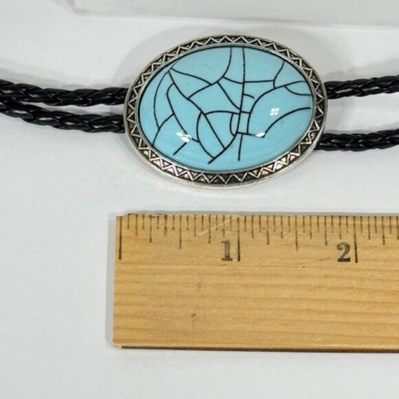 Silver-tone and black cord with turquoise-colored stone western cowboy bolo tie - Picture 6 of 6